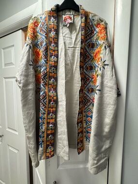 Johnny Was Embroidered Jacket - Cream with Multicolor Floral Trim